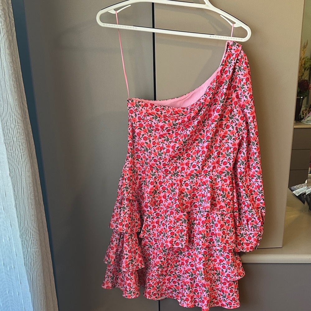 Wayf Pink Floral One-Shoulder Dress